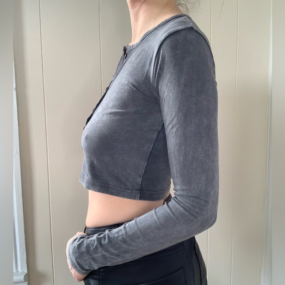 Missguided Mineral Wash Dark Gray Button Up Cropped Long Sleeve - Picture 2 of 16